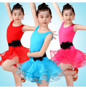 Turquoise blue fuchsia hot pink red sleeveless spandex girls kids children toddlers competition performance professional latin dance dresses with sashes